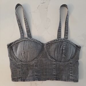 Acid Wash Black Denim Smock Back Bustier Crop Top